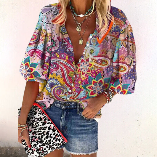 Isla | Blusa Boho Estampada de Cuello en V y Mangas Acampanadas