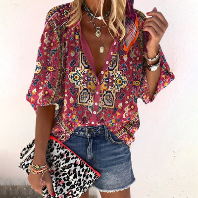 Isla | Blusa Boho Estampada de Cuello en V y Mangas Acampanadas