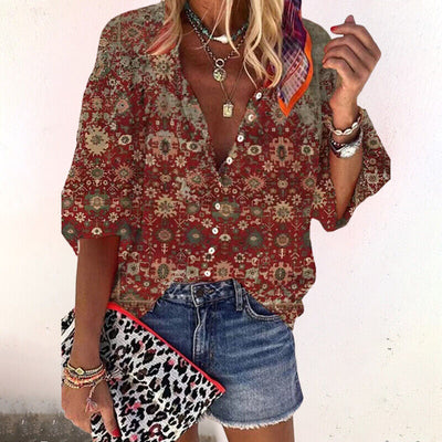 Isla | Blusa Boho Estampada de Cuello en V y Mangas Acampanadas