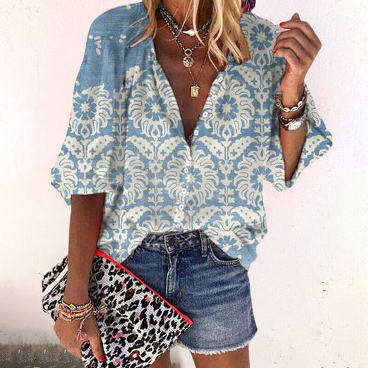 Isla | Blusa Boho Estampada de Cuello en V y Mangas Acampanadas