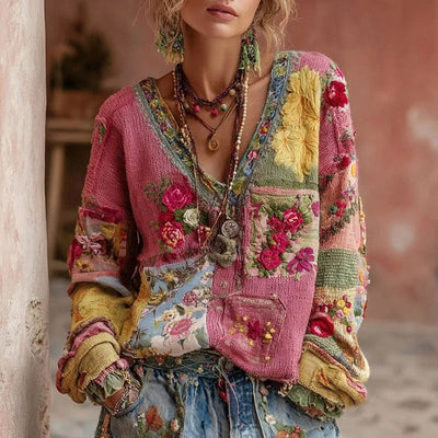 Cárdigan Marie de Patchwork Floral con Cuello de Pico